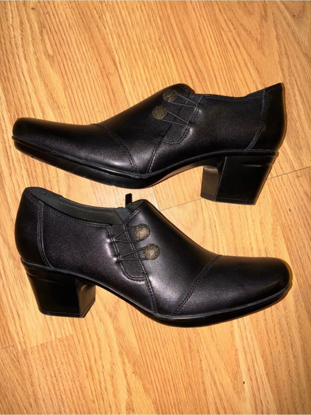 Clarks Black Leather Low Block Heel Ankle Booties